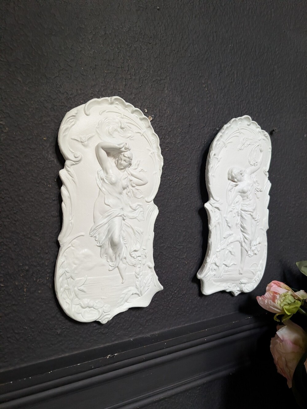 Vintage, set of 2, 1950s Art Nouveau Plaster Wall Plaques, Classical Female